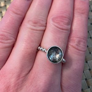 Pandora Silver Ring with Gray and Black Round Stone Size 7 1/2